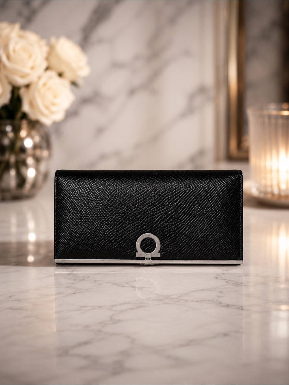 Salvatore Ferragamo Black Embossed Snake  Leather Gancini Wallet | Full Set